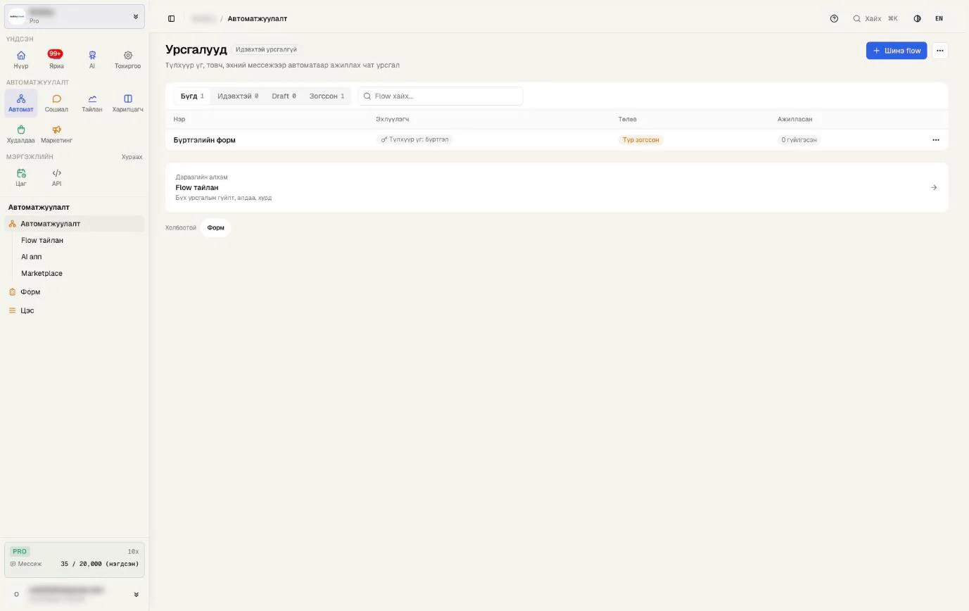 Урсгалууд хуудас: Бүгд, Идэвхтэй, Draft, Зогссон табууд, Шинэ flow товч, нэг flow-ийн мөр